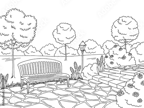 Park graphic black white bench lamp landscape sketch illustration vector