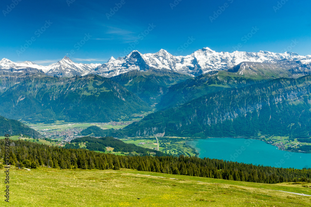 Aussicht aufs sommerliche Bödeli mit Interlaken im Berner Oberland, Schweiz