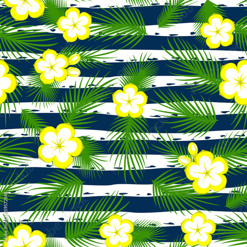 Seamless pattern tropical flowers and leaves with strip.