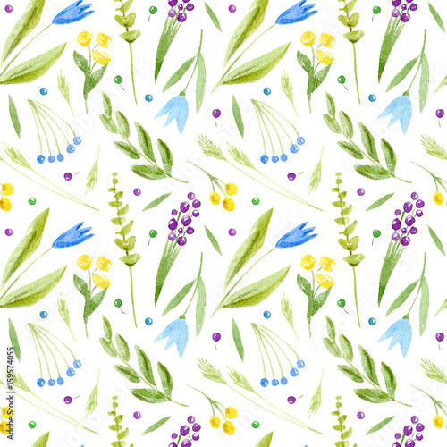 Floral seamless pattern of a wild flowers and herbs on a white background.Bluebell,berry,grass,snowdrop flowers. Watercolor hand drawn illustration.