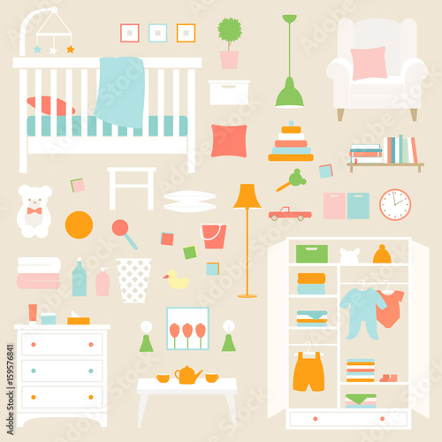 Vector set of furniture of nursery. Objects of baby room