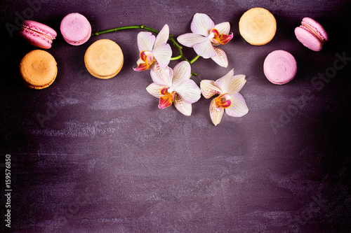 Orchids and cake macaron or macaroon on gray background from above. Flat lay, top view. Flower and cookie still life. Soft pink toning, copy space