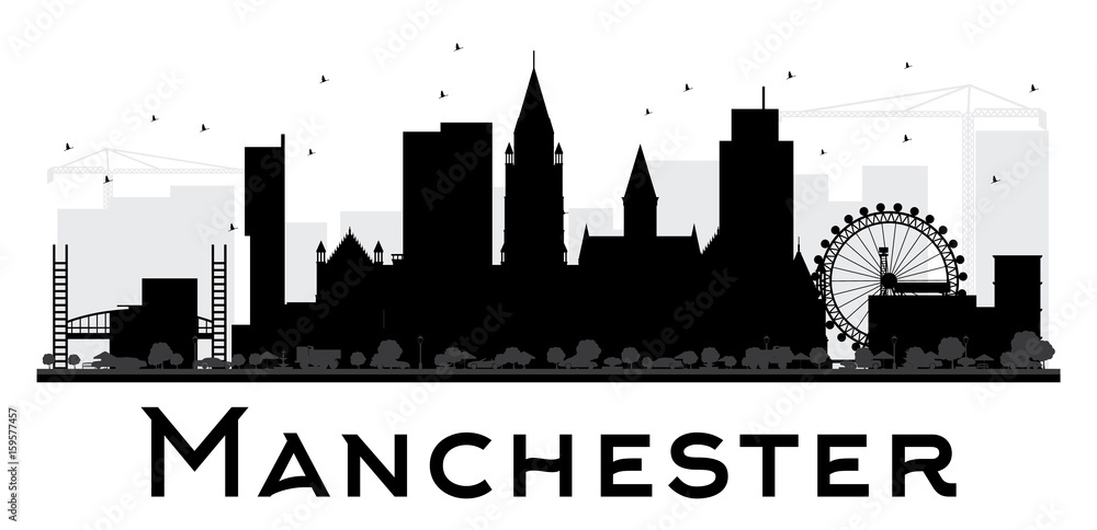 Manchester City skyline black and white silhouette.