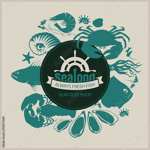 Vector banner for seafood shop with the words always fresh fish and a picture of ship wheel, fish, crustaceans, molluscs and other marine life on the beige background in a retro style.