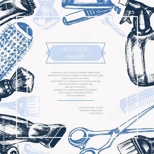 Barber Equipment - vector hand drawn postcard template