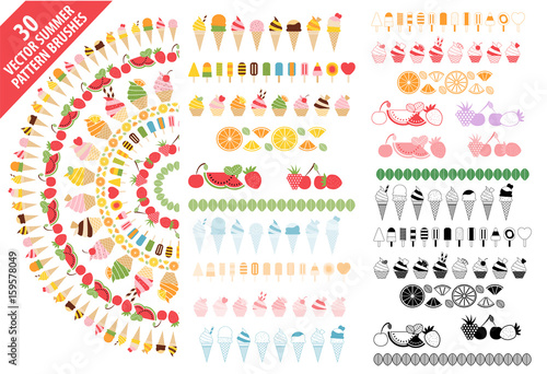 Summer vector pattern brushes with colorful ice cream, popsicle, desserts and fruits set