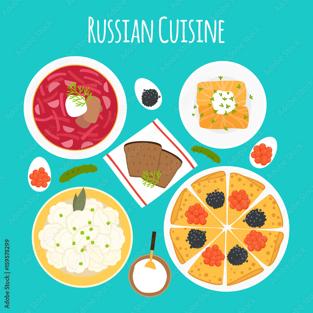 Vector illustration of dishes of Russian cuisine. Borscht, pelmeni, cabbage rolls, pancakes