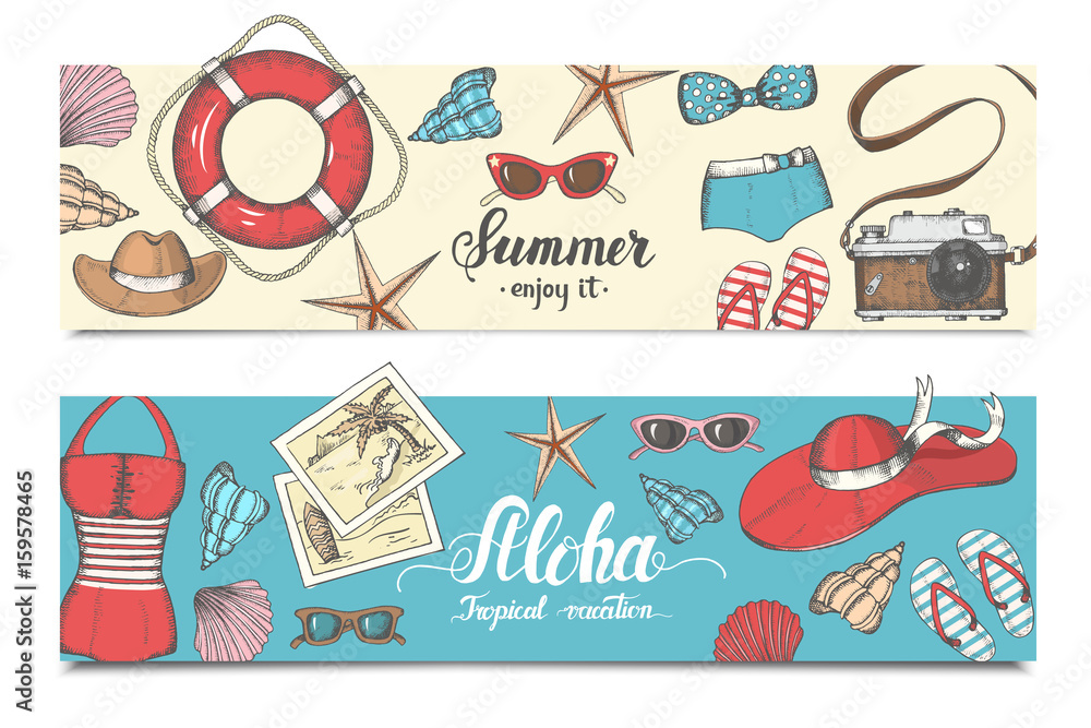 Fototapeta premium Vector vintage set of summer banners. Hand drawn vector elements. Can be used as poster, flyer, brochure, web design.