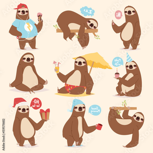 Laziness lazy-bones sluggard animal character different pose like human cute lazy cartoon jungle mammal vector illustration.