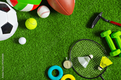Various sport tools on grass