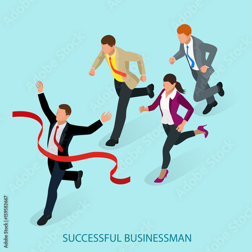 Isometric people. Entrepreneur businessman leader. Businessman and his business team crossing finish line and tearing red ribbon finishing first in a market race. Flat style vector illustration.