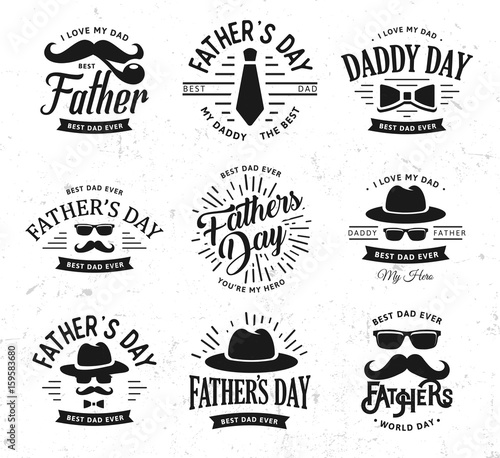 Happy Father's Day Design Collection. Set of black color vintage style Father logo on light grunge background. Vector illustration.