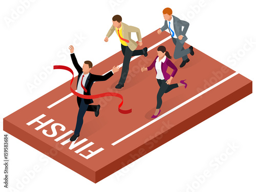 Isometric people. Entrepreneur businessman leader. Businessman and his business team crossing finish line and tearing red ribbon finishing first in a market race. Flat style vector illustration.