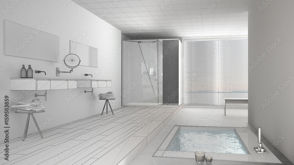 Unfinished project of minimalist white and gray bathroom with bath tub and panoramic window, sketch abstract interior design Unfinished project of minimalist white and gray bathroom with bath tub and panoramic window, sketch abstract interior design