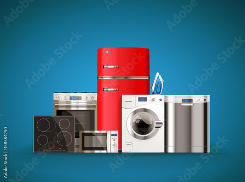 Kitchen and house appliances: microwave, washing machine, refrigerator, gas stove, dishwasher, iron.