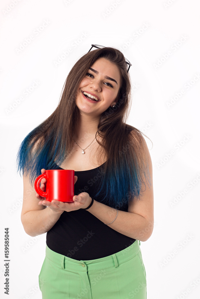 Brunette student girl with cup