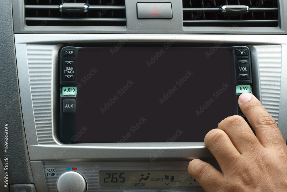 man hand touching to screen multimmedia system with application navigation man hand touching to screen multimmedia system with application navigation