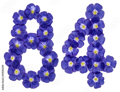 Arabic numeral 84, eighty four, from blue flowers of flax, isolated on white background