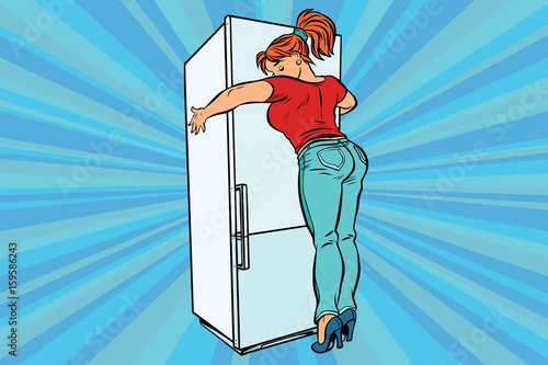 diet and food. Beautiful woman hugging home refrigerator