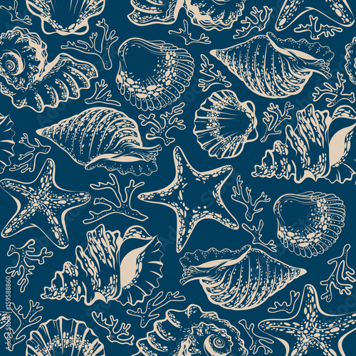 seamless pattern, seashells, starfish and corals