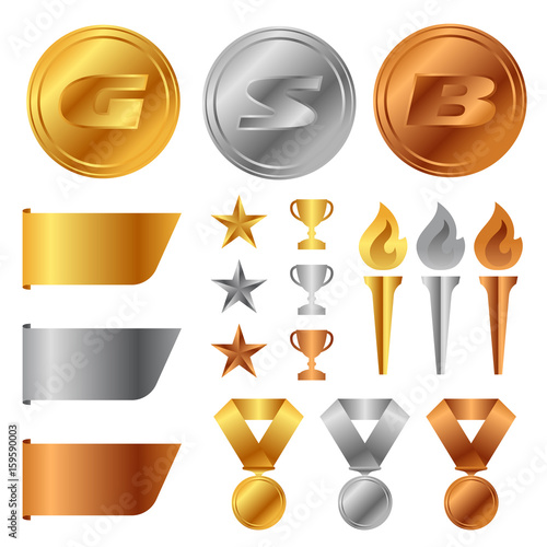 Gold silver bronze medals , Trophy Cup , start award and torch and tag banner vector set design