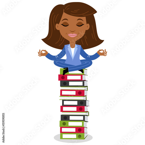 Calm african cartoon business woman meditating whilst sitting on top of a stack of folders