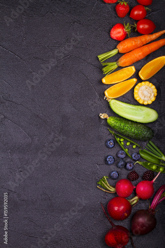 Colorful Vegetables, Fruits and Berries - Healthy Food, Diet, Detox, Clean Eating or Vegetarian Concept. View from above, top studio shot, flat lay with copy space