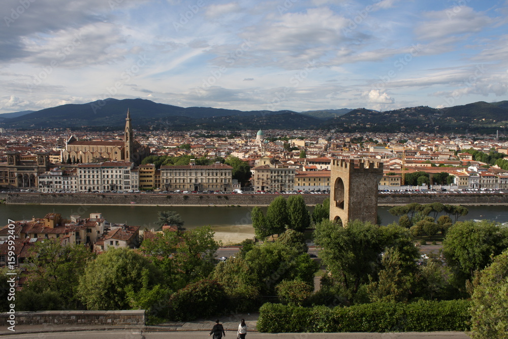 Panoramic view over Florence Italy with city river, Tuscany, Italy.