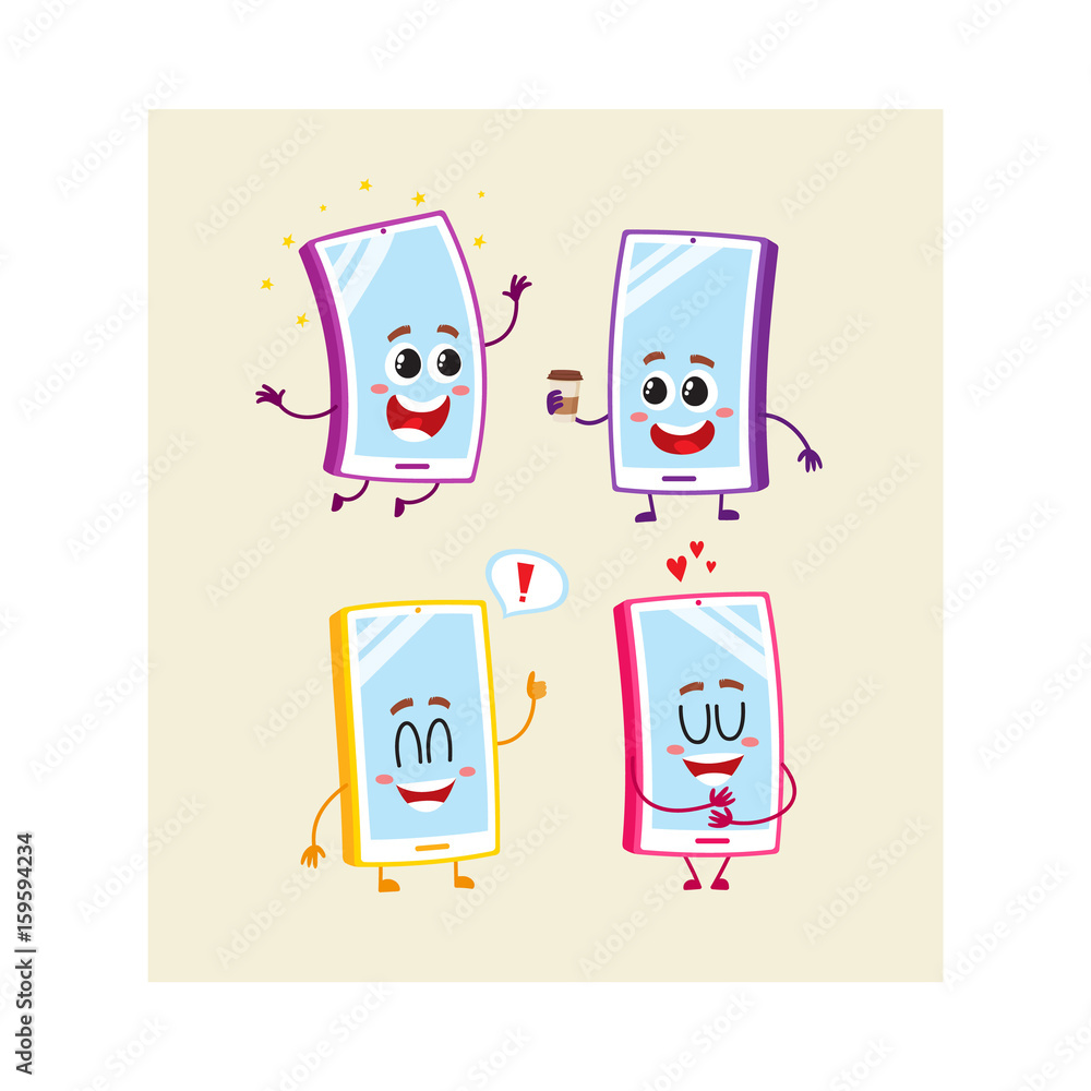 Set of cartoon mobile phone, smartphone characters with human faces jumping, excited, happy, vector illustration isolated on beige background. Set of happy cartoon mobile phone, smartphone characters