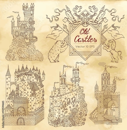 Hand drawn collection with gothic castles and vintage frame on textured background