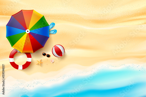 Abstract background top view of sand and sea beach starfish shell rock and umbrella with copy space for summer vacation concept