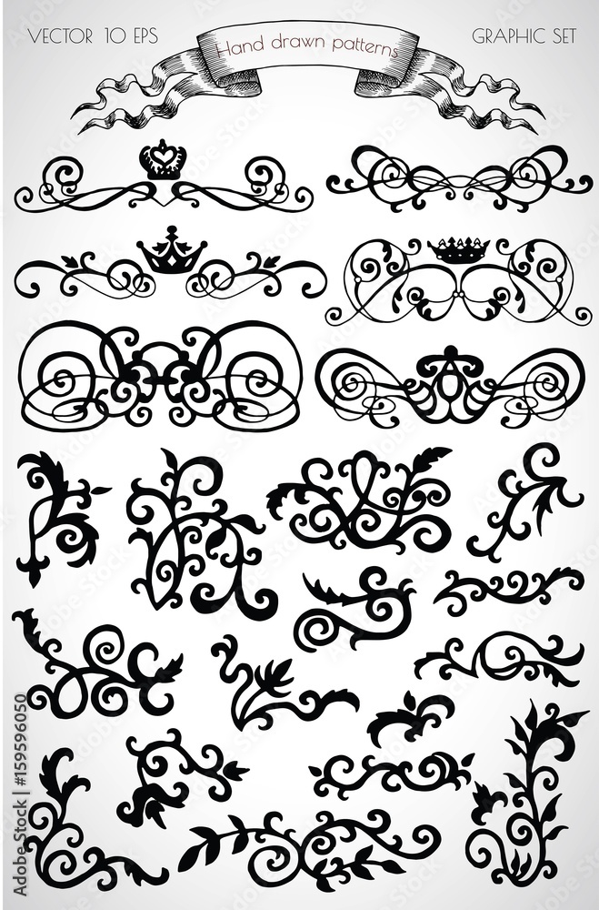 Graphic set with hand drawn vignette patterns and page decoration elements Graphic set with hand drawn vignette patterns and page decoration elements