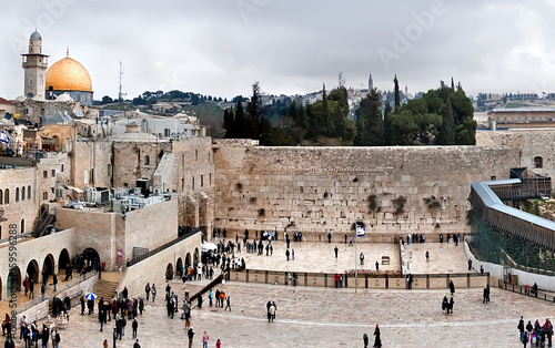 View of the Western Wall, the Dome of the Rock and the Mughrabi Gate on the Temple Mount in the Old City of Jerusalem. 