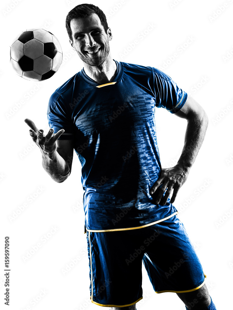 one caucasian soccer player man standing smiling in silhouette isolated on white background one caucasian soccer player man standing smiling in silhouette isolated on white background