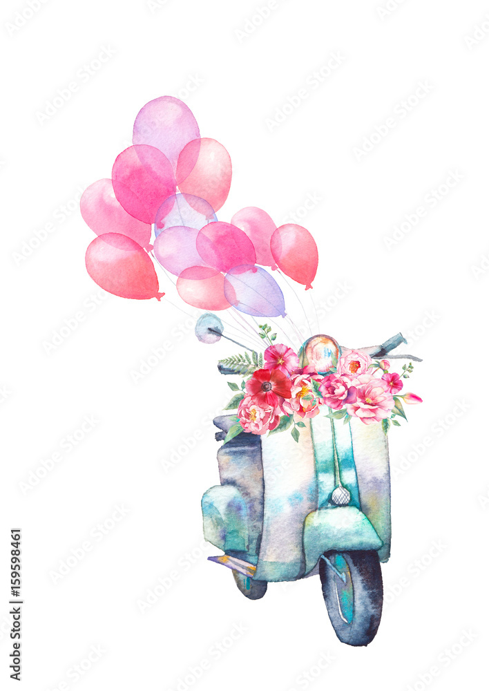 Φωτογραφία Watercolor vintage scooter with bouquet of flowers and air balloons