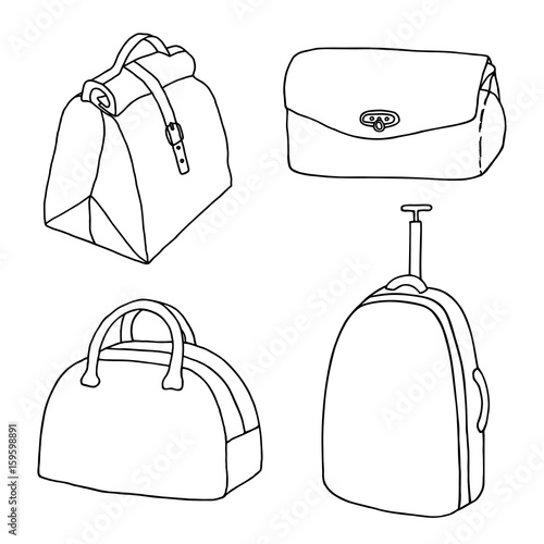 Handbags, travel bags, ladies bags set. Suitcase, luggage, clutch, briefcase purse. Hand drawn vector sketch collection.