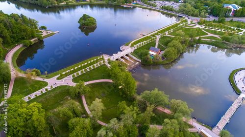 Aerial view of Tsritsyno lake with a dam - Moscow city in Russia. Park.