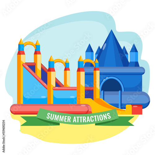 Summer park inflated attractions set colorful vector poster