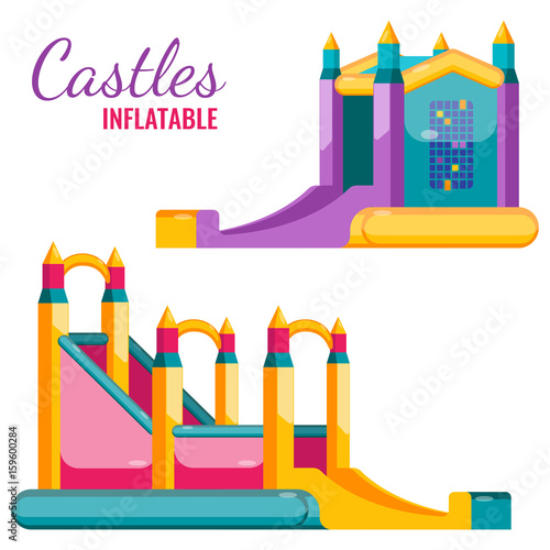 Two colorful castles inflatable isolated on white vector poster