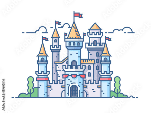 Medieval stone castle with gate towers and flags. Vector illustration