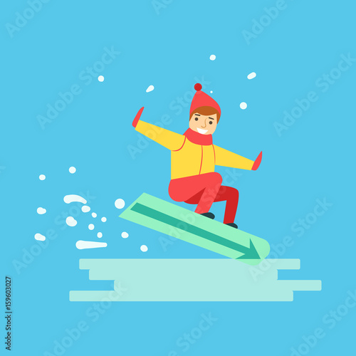 Happy boy snowboarder sliding down the hill. Winter sports colorful character vector Illustration