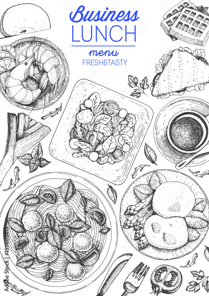 Business lunch top view frame. Food menu design. Vintage hand drawn sketch vector illustration. Business lunch top view frame. Food menu design. Vintage hand drawn sketch vector illustration.