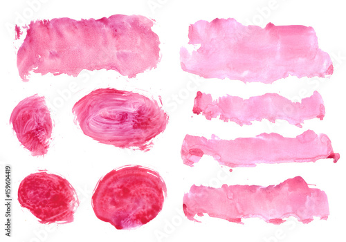 Pink, rose, magenta, red watercolor hand painting brush stroke texture kit. Abstract grunge collection. Set of acrylic stains, spots and lines isolated on white background. Makeup frame.