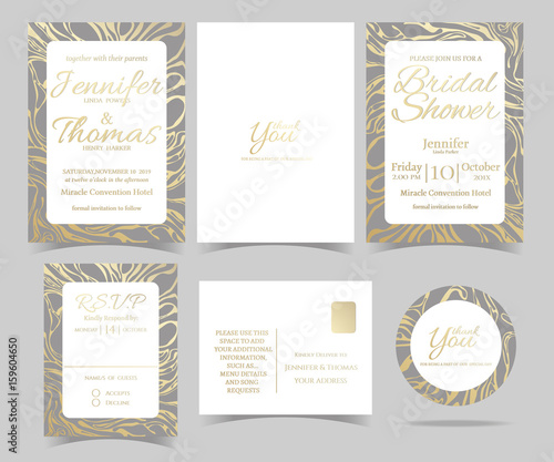 Set of Wedding invitation Card  RSVP Card  Bridal Shower Card  Sticker and Marble style. Gold color tone.Vector Illustration.