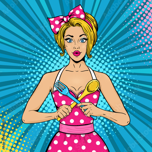 Wow female face. Sexy blonde woman housewife with open mouth and bow on her head holding big fork and spoon as a cross. Vector colorful background in pop art retro comic style. Party invitation poster