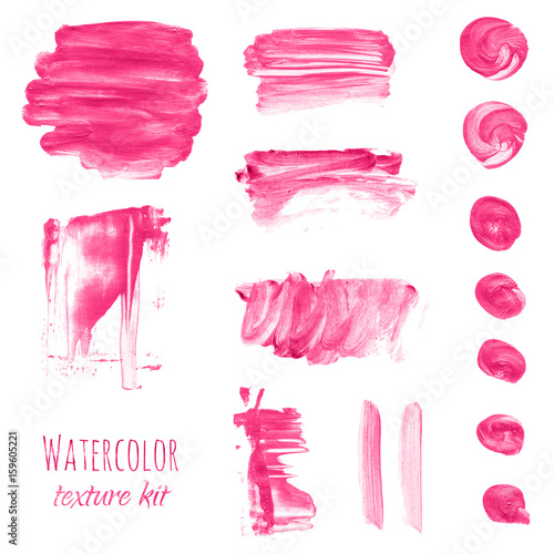 Pink, rose, magenta watercolor hand painting brush stroke texture kit. Abstract grunge collection. Set of acrylic stains, spots, lines isolated white background. Makeup frame, creative illustration