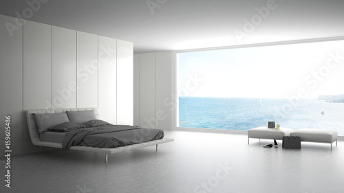 Minimalist bedroom with big window on sea panorama, white interior design © ArchiVIZ