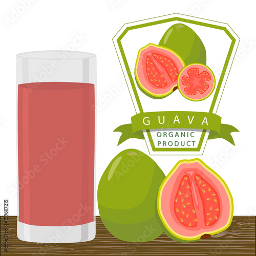 Vector illustration logo for whole ripe fruit red guava cut half sliced  glass background. Guava drawing consisting of tag label natural sweet food glass. Drink fresh raw organic exotic fruits guaves.