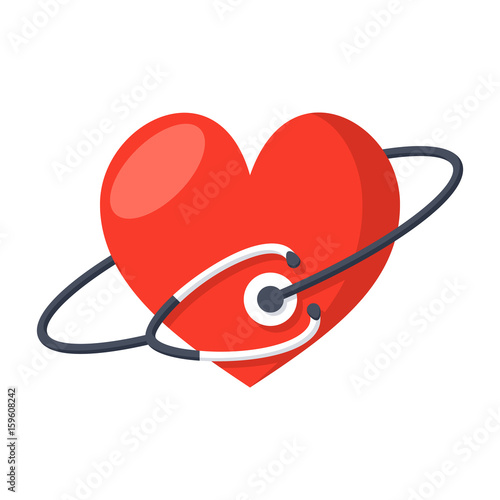 Heart care concept with medical stethoscope and red heart, vector icon in flat style
