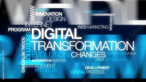 Digital transformation innovation changes web marketing internet community management electronic development apps design evolution words tag cloud white text blue background animation